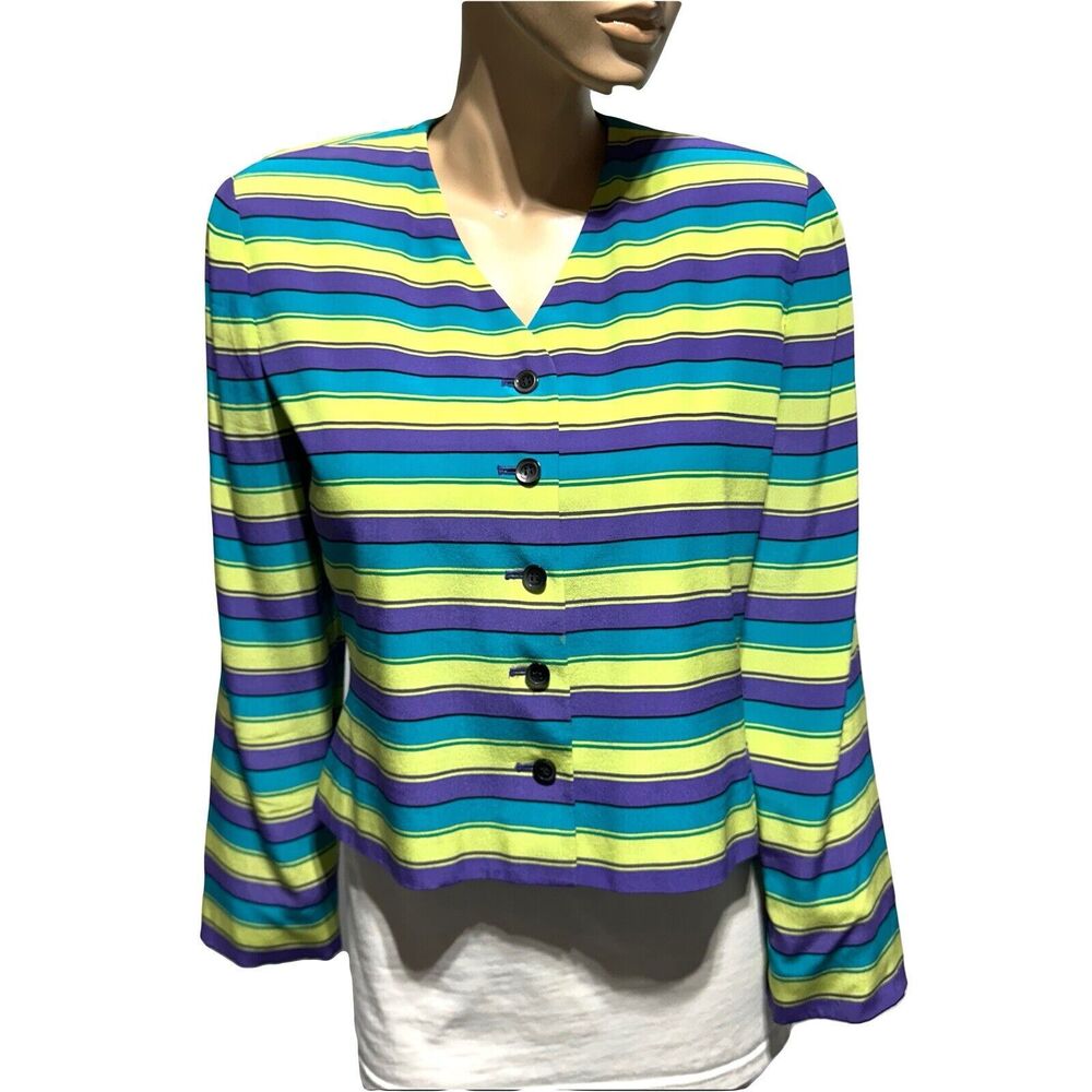 Kasper & Company ASL Blazer Women’s 12P 100% Silk Vintage Striped Bright Bold